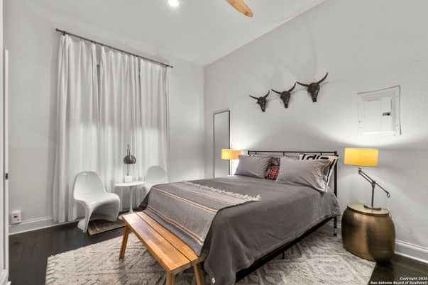Bedroom, Interior, Recessed Lighting, Wood Texture Flooring