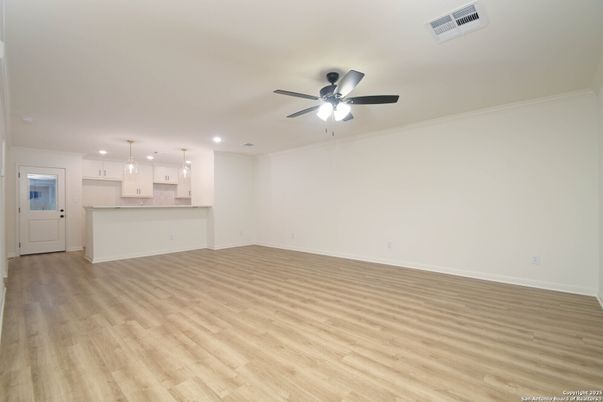 Empty room, Interior, Kitchen, Pendant Lights, Recessed Lighting, Wood Texture Flooring