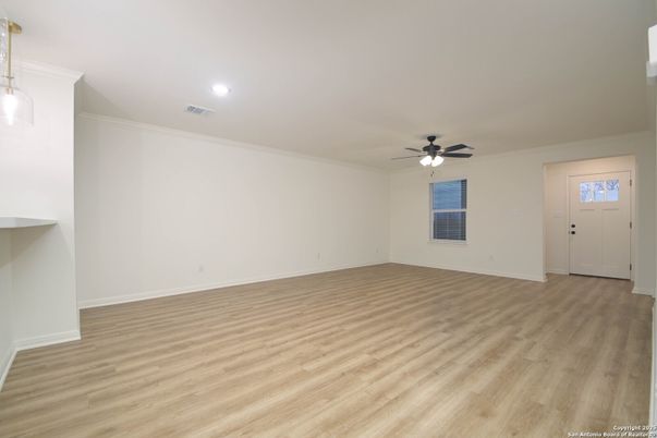 Empty room, Interior, Pendant Lights, Recessed Lighting, Wood Texture Flooring