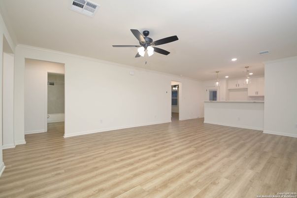 Empty room, Interior, Kitchen, Pendant Lights, Recessed Lighting, Wood Texture Flooring
