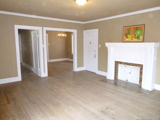 Chandelier, Empty room, Fireplace, Interior, Wood Texture Flooring