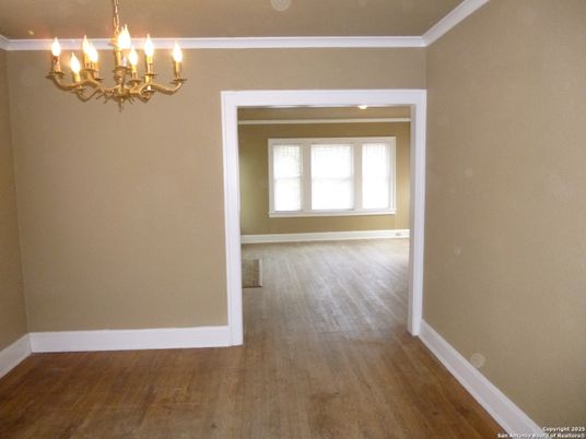 Chandelier, Empty room, Interior, Recessed Lighting, Wood Texture Flooring