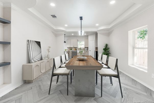 Dining room, Interior, Kitchen, Pendant Lights, Recessed Lighting, Wood Texture Flooring