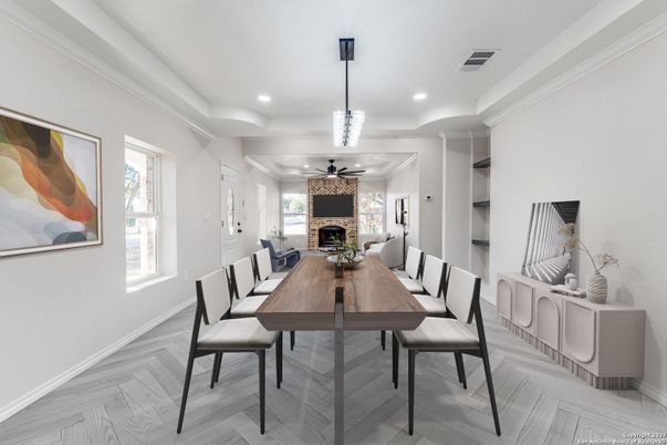 Dining room, Fireplace, Interior, Pendant Lights, Recessed Lighting, Wood Texture Flooring