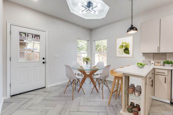 Dining room, Interior, Pendant Lights, Recessed Lighting, Wood Texture Flooring
