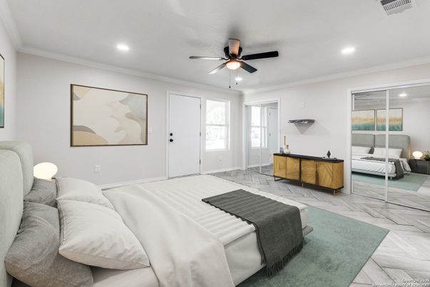 Bedroom, Interior, Marble, Recessed Lighting, Wood Texture Flooring