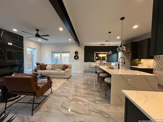 Dining room, Interior, Kitchen, Living room, Marble, Pendant Lights, Recessed Lighting