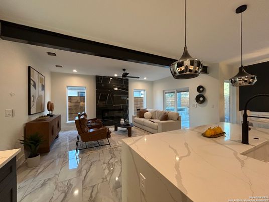 Interior, Kitchen, Living room, Marble, Pendant Lights, Recessed Lighting