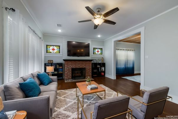 Fireplace, Interior, Living room, Recessed Lighting, Wood Texture Flooring