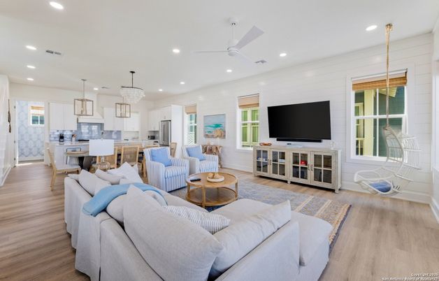 Dining room, Interior, Kitchen, Living room, Pendant Lights, Recessed Lighting, Stainless Steel Appliances, Wood Texture Flooring