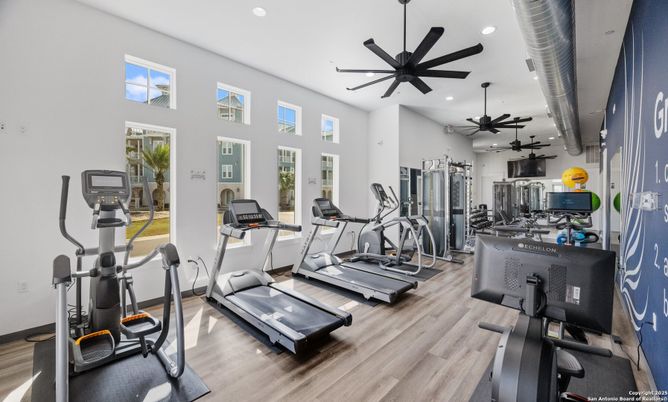 Fitness Equipment, Gym, Interior, Recessed Lighting, Wood Texture Flooring