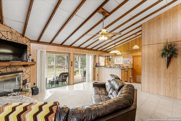 Fireplace, Interior, Living room, Pendant Lights, Wooden Walls