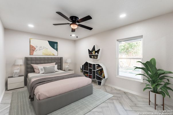Bedroom, Interior, Recessed Lighting, Wood Texture Flooring