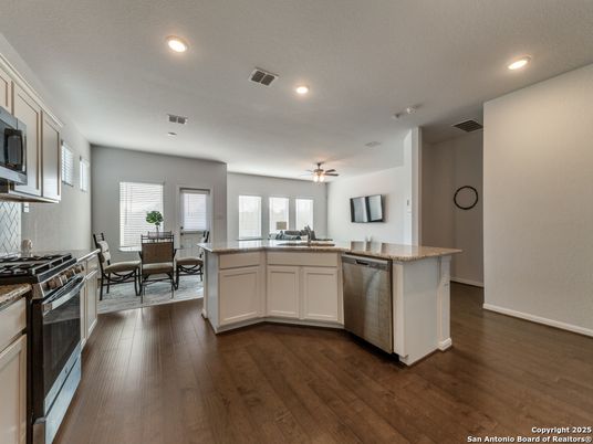 Dining room, Interior, Kitchen, Recessed Lighting, Wood Texture Flooring