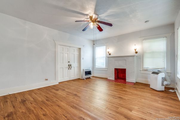 Empty room, Fireplace, Interior, Stone Walls, Wood Texture Flooring