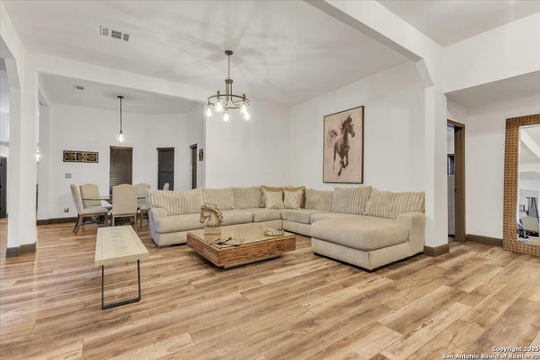 Dining room, Interior, Living room, Pendant Lights, Wood Texture Flooring