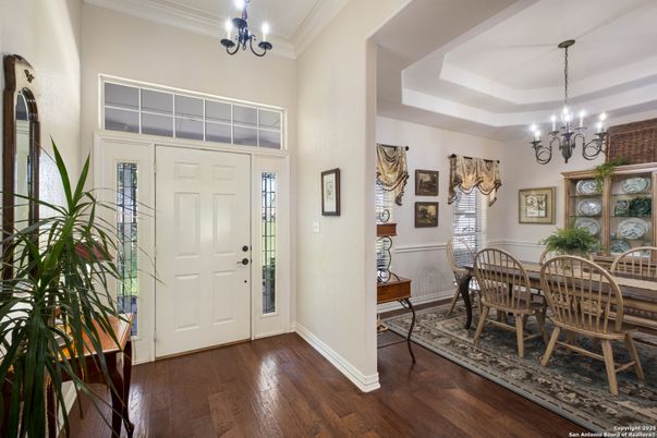 Chandelier, Dining room, Interior, Wood Texture Flooring
