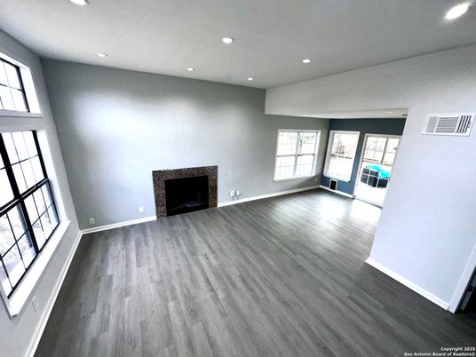 Empty room, Fireplace, Interior, Recessed Lighting, Wood Texture Flooring