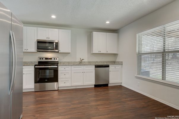 Interior, Kitchen, Recessed Lighting, Stainless Steel Appliances, Wood Texture Flooring