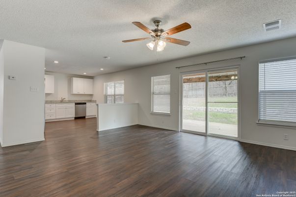 Empty room, Interior, Kitchen, Recessed Lighting, Wood Texture Flooring
