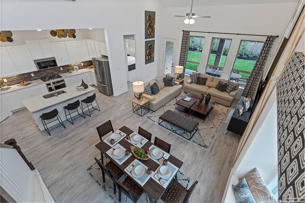 Dining room, Interior, Kitchen, Living room, Recessed Lighting, Wood Texture Flooring