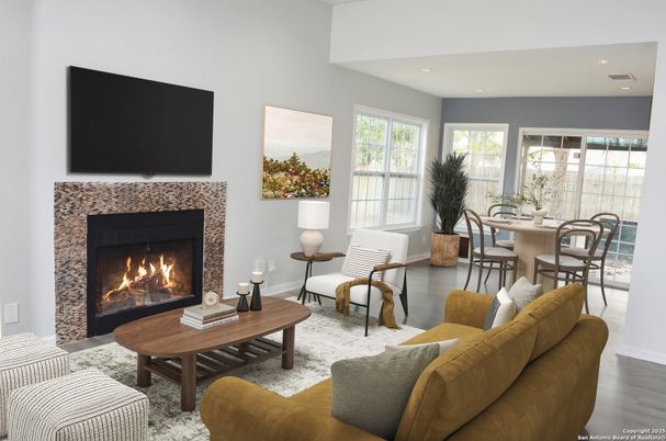 Dining room, Fireplace, Interior, Living room, Recessed Lighting, Wood Texture Flooring