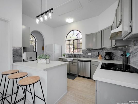Interior, Kitchen, Pendant Lights, Stainless Steel Appliances, Wood Texture Flooring
