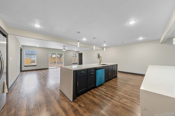 Interior, Kitchen, Pendant Lights, Recessed Lighting, Wood Texture Flooring