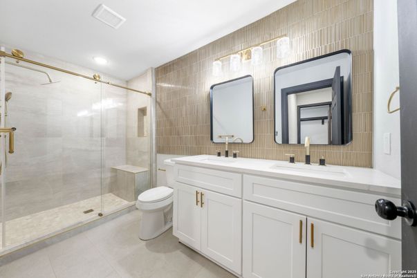 Bathroom, Dual Sink Vanities, Glass Shower, Interior, Recessed Lighting