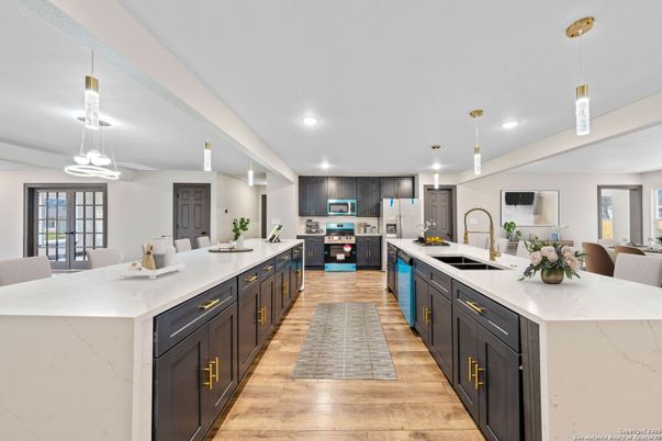 Interior, Kitchen, Pendant Lights, Recessed Lighting, Stainless Steel Appliances, Wood Texture Flooring