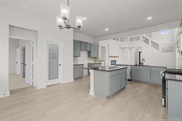 Interior, Kitchen, Pendant Lights, Recessed Lighting, Wood Texture Flooring