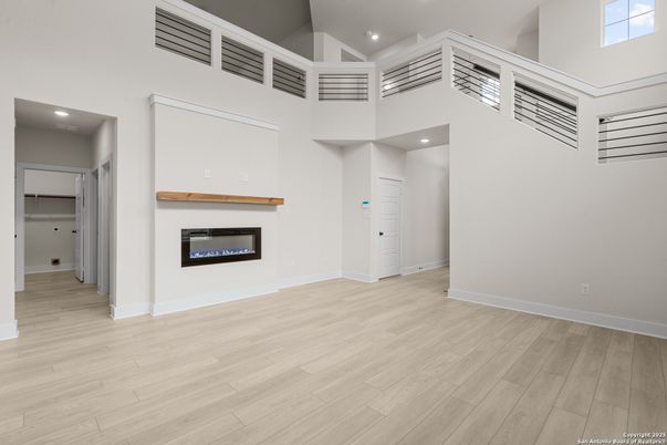 Fireplace, Interior, Recessed Lighting, Wood Texture Flooring