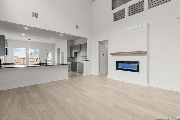 Fireplace, Interior, Kitchen, Pendant Lights, Recessed Lighting, Wood Texture Flooring