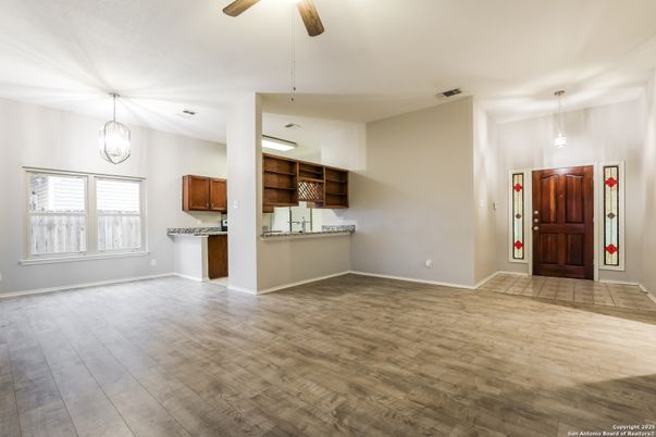 Chandelier, Empty room, Interior, Kitchen, Pendant Lights, Wood Texture Flooring