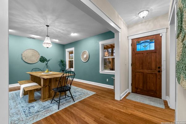 Dining room, Interior, Pendant Lights, Recessed Lighting, Wood Texture Flooring