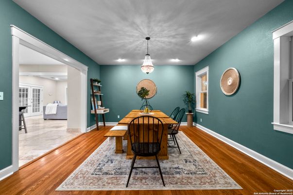 Dining room, Interior, Pendant Lights, Recessed Lighting, Wood Texture Flooring