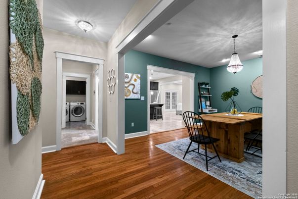 Dining room, Interior, Pendant Lights, Washer, Wood Texture Flooring
