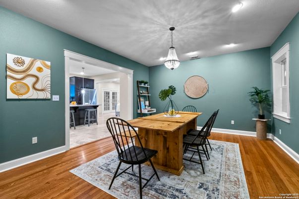 Dining room, Interior, Pendant Lights, Recessed Lighting, Wood Texture Flooring