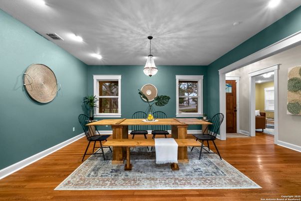 Dining room, Interior, Pendant Lights, Recessed Lighting, Wood Texture Flooring