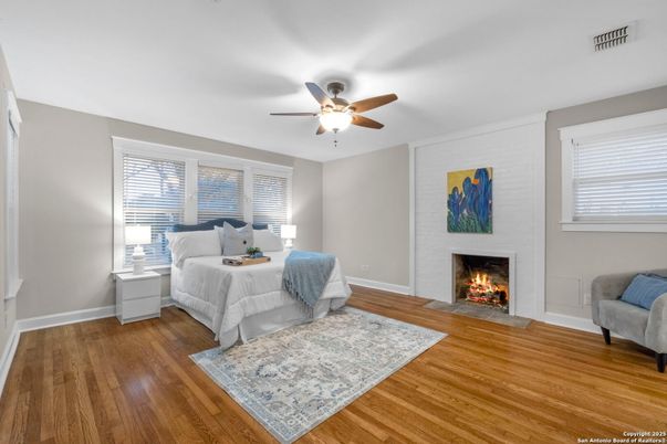 Bedroom, Fireplace, Interior, Wood Texture Flooring
