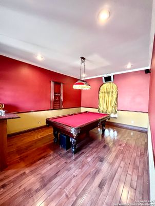 Billiard Table, Game Room, Interior, Pendant Lights, Recessed Lighting, Wood Texture Flooring