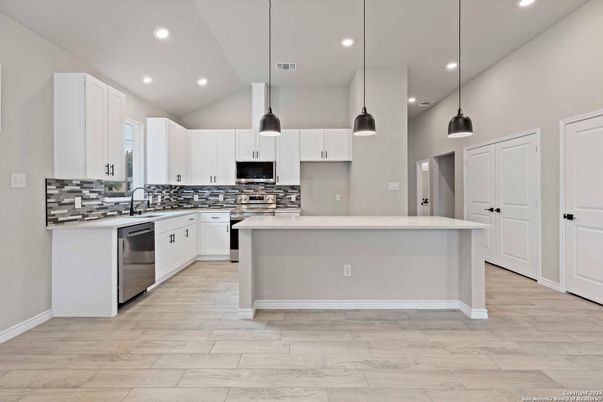 Interior, Kitchen, Pendant Lights, Recessed Lighting, Stainless Steel Appliances, Wood Texture Flooring