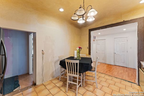 Dining room, Interior, Pendant Lights, Recessed Lighting, Wood Texture Flooring