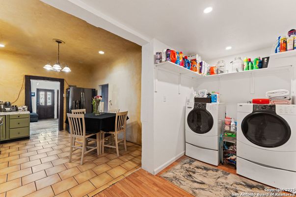 Dining room, Interior, Pendant Lights, Recessed Lighting, Washer, Wood Texture Flooring