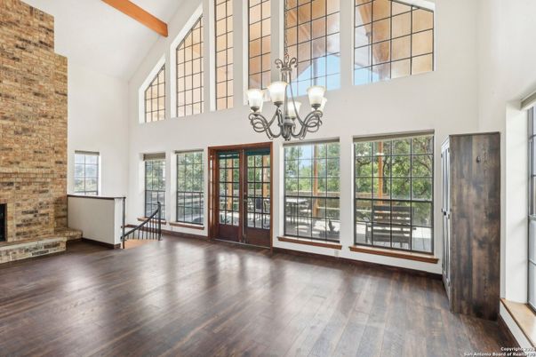Chandelier, Interior, Stone Walls, Wooden Beams, Wood Texture Flooring