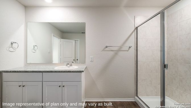 Bathroom, Glass Shower, Interior, Recessed Lighting, Wood Texture Flooring