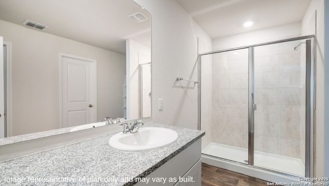 Bathroom, Glass Shower, Interior, Recessed Lighting, Wood Texture Flooring