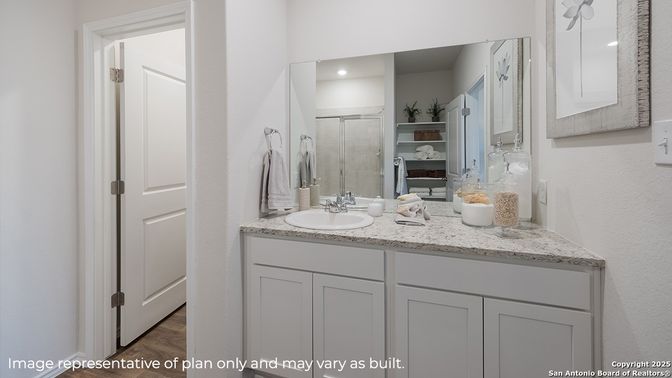 Bathroom, Dual Sink Vanities, Interior, Recessed Lighting, Wood Texture Flooring