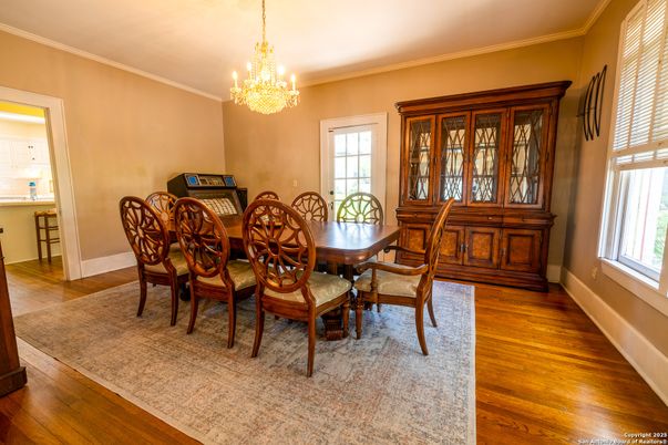 Chandelier, Dining room, Interior, Wood Texture Flooring