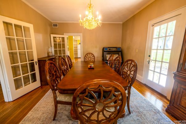 Chandelier, Dining room, Interior, Wood Texture Flooring